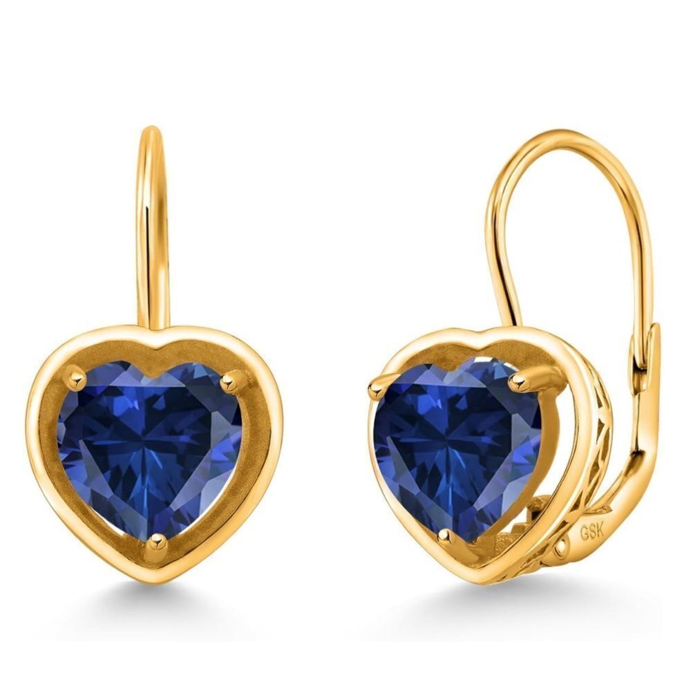 18K Yellow Gold 925 2.20 Cttw 7MM Blue Sapphire Heart Leverback Drop Earrings